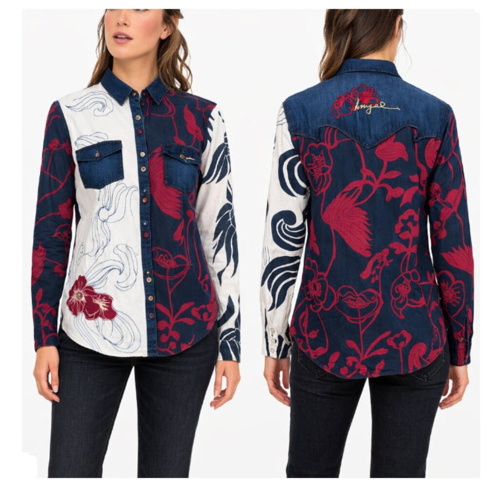 Desigual Narvaez Floral Patchwork Button Down Shirt Blue Red large